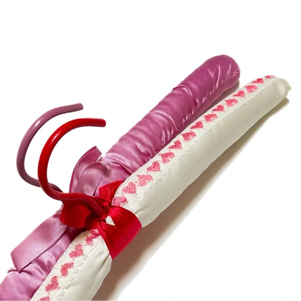 Vintage Pink and White Embroidered Hearts Satin Padded Puffy Hangers